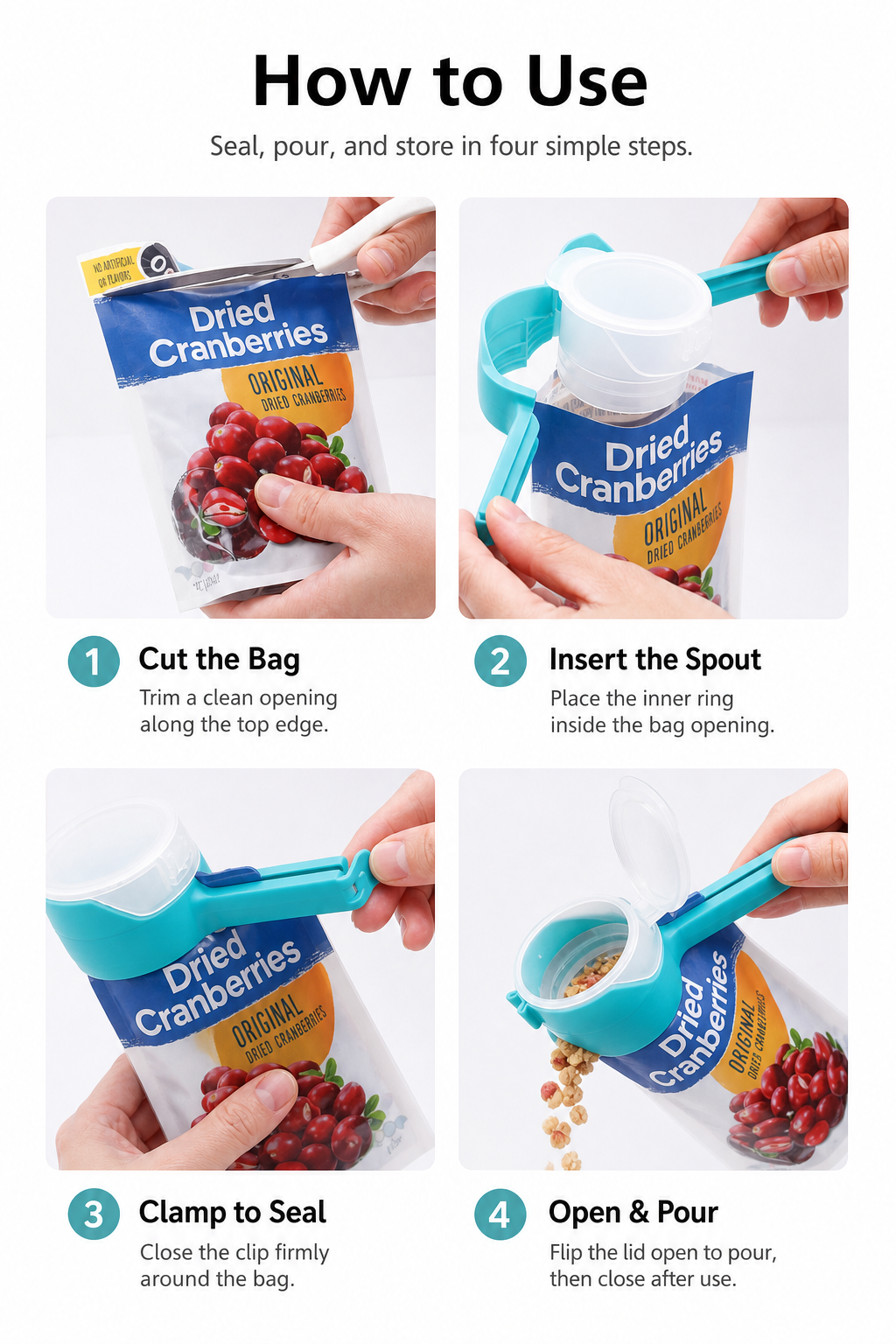 4-Pack Airtight Food Bag Sealing Clips With Pour Spout
